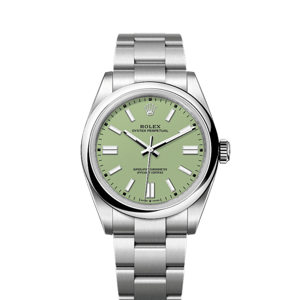 Unworn 2025, Rolex Oyster Perpetual, Oystersteel 41mm, Pistachio-green dial, Domed Oyster, Ref# 134300-0006, box and papers 1:1