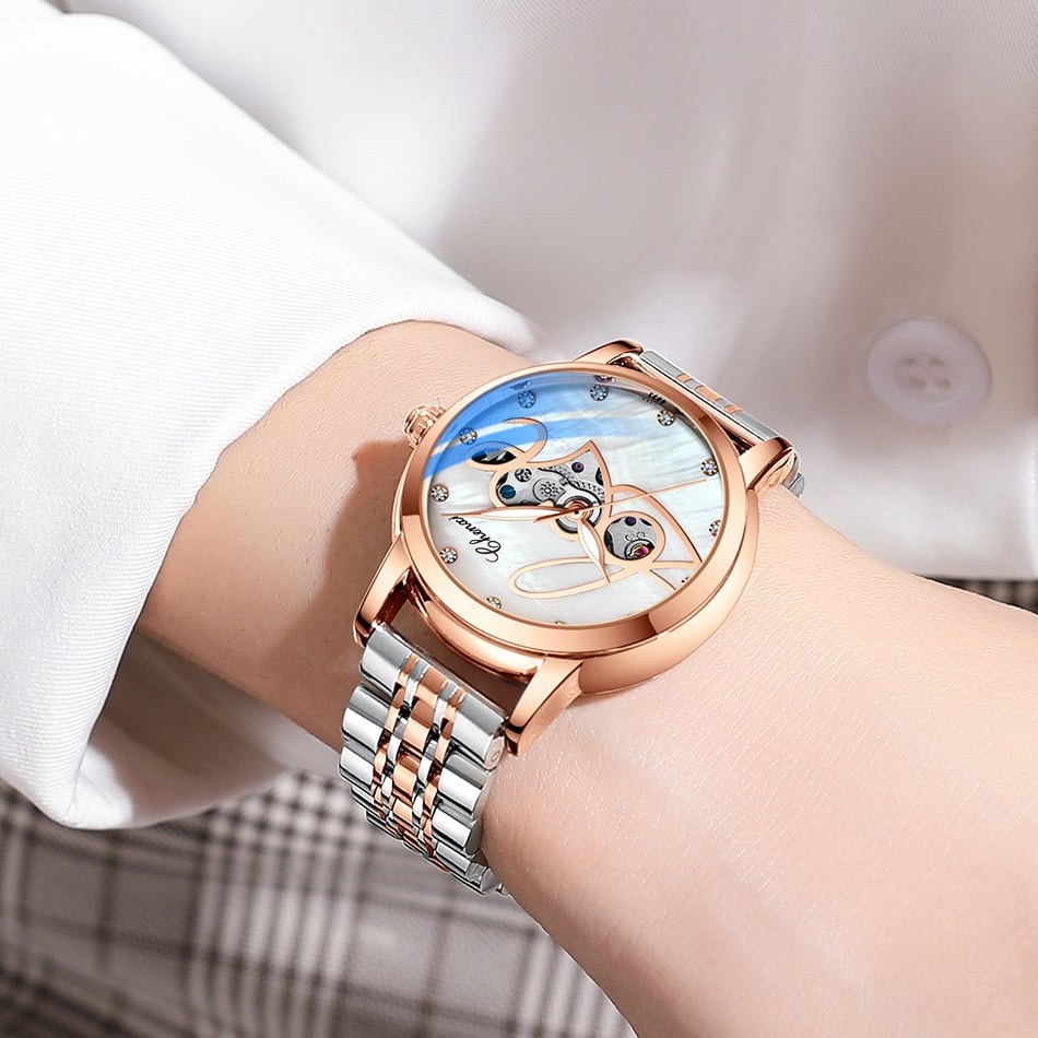 Women's Sapphire Watches Automatic Mechanical Gold Bracelet Ladies Skeleton Wrist Watch - Image 2