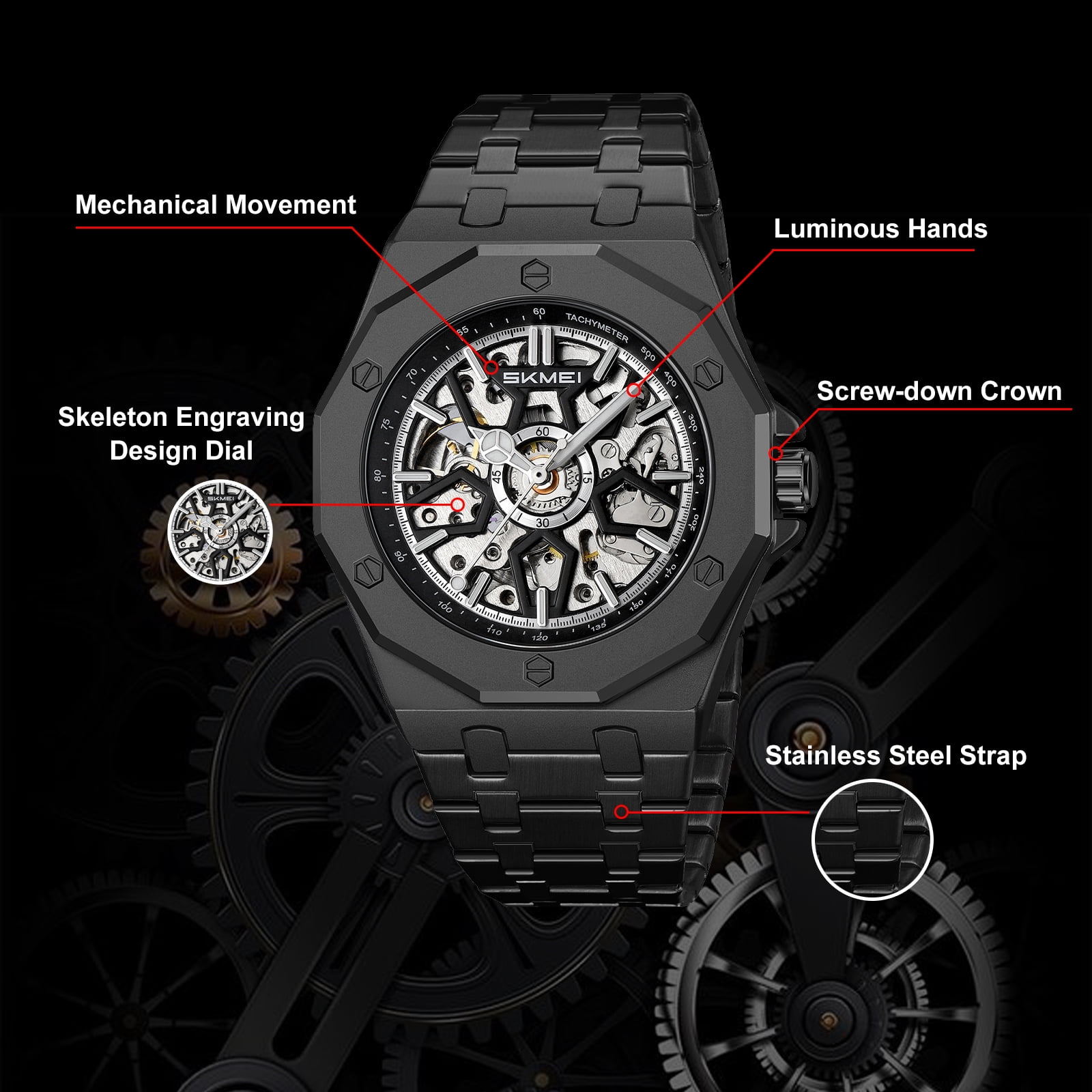 SKMEI Mens Luxury Skeleton Automatic Mechanical Wrist Watches Business Leisure Waterproof Luminous Pointer Self-Winding Wrist Watch - Image 4