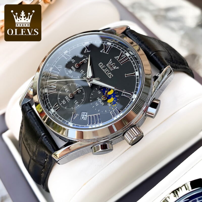 OLEVS Mens Watches Luxury Chronograph Moon Phase Waterproof Luminous Black Leather Strap Date Silver Classic Watch for Men