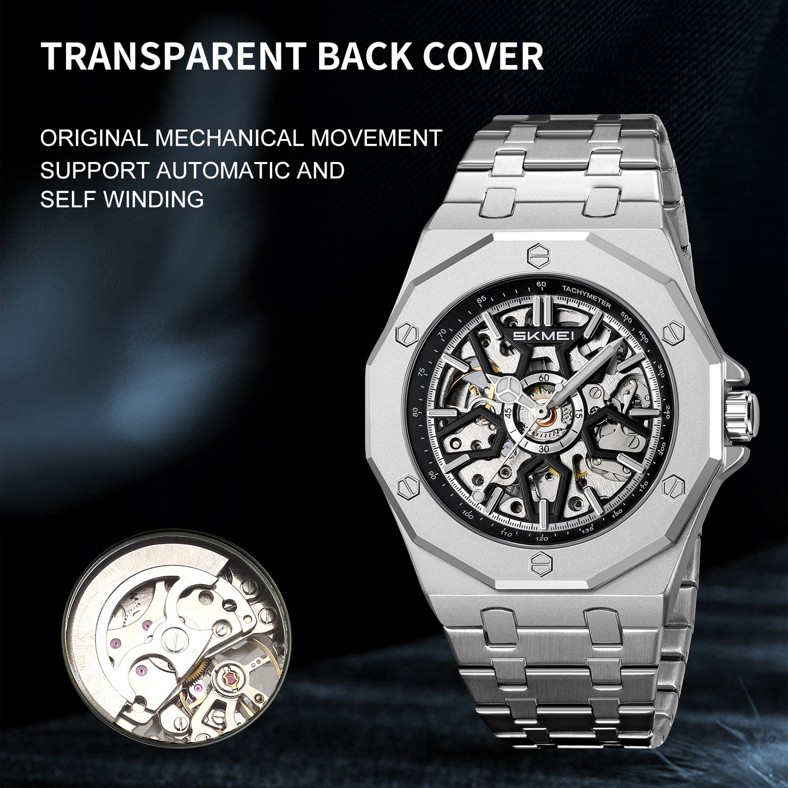 SKMEI Mens Luxury Skeleton Automatic Mechanical Wrist Watches Business Leisure Waterproof Luminous Pointer Self-Winding Wrist Watch - Image 6