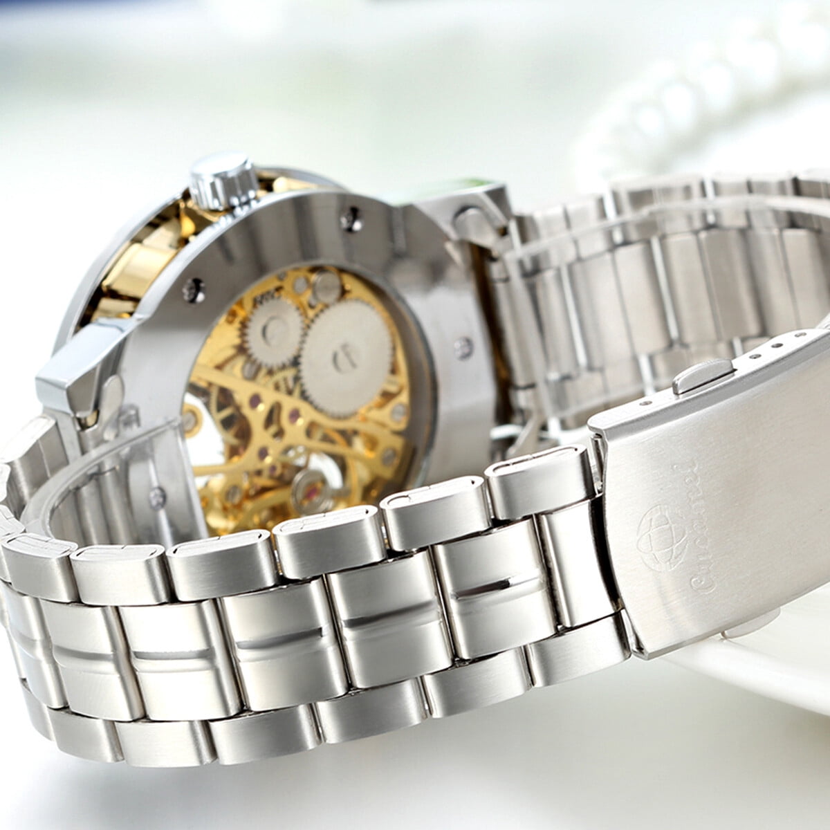 Luxury Mens Skeleton Mechanical Watch Steampunk Stainless Steel Wrist Watches - Image 4