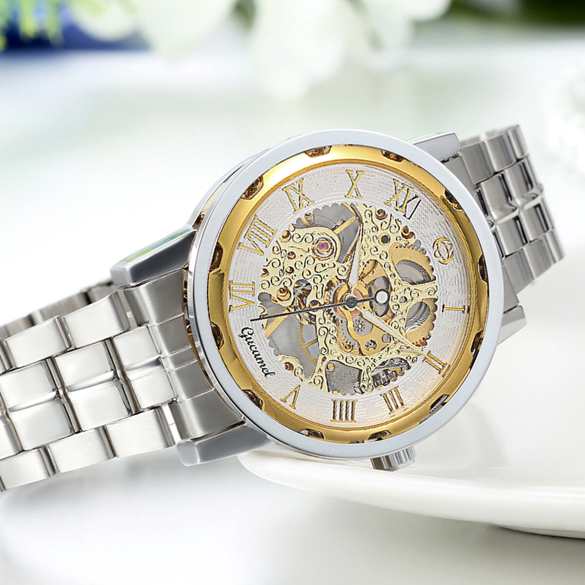 Luxury Mens Skeleton Mechanical Watch Steampunk Stainless Steel Wrist Watches - Image 5
