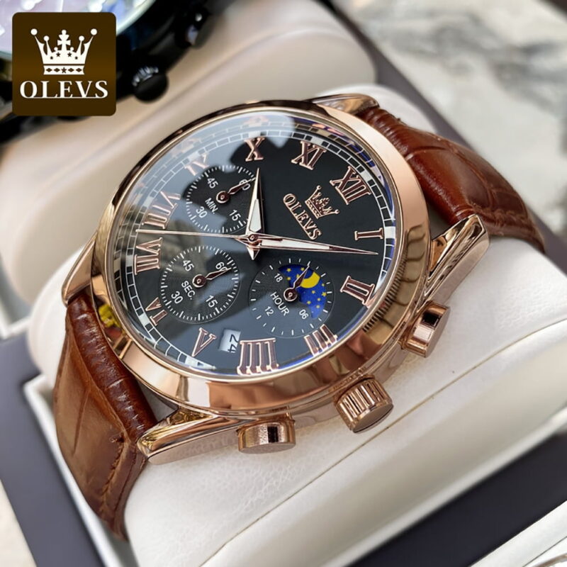 OLEVS Mens Watches Luxury Chronograph Moon Phase Waterproof Luminous Brown Leather Strap Date Rose Gold Classic Watch for Men