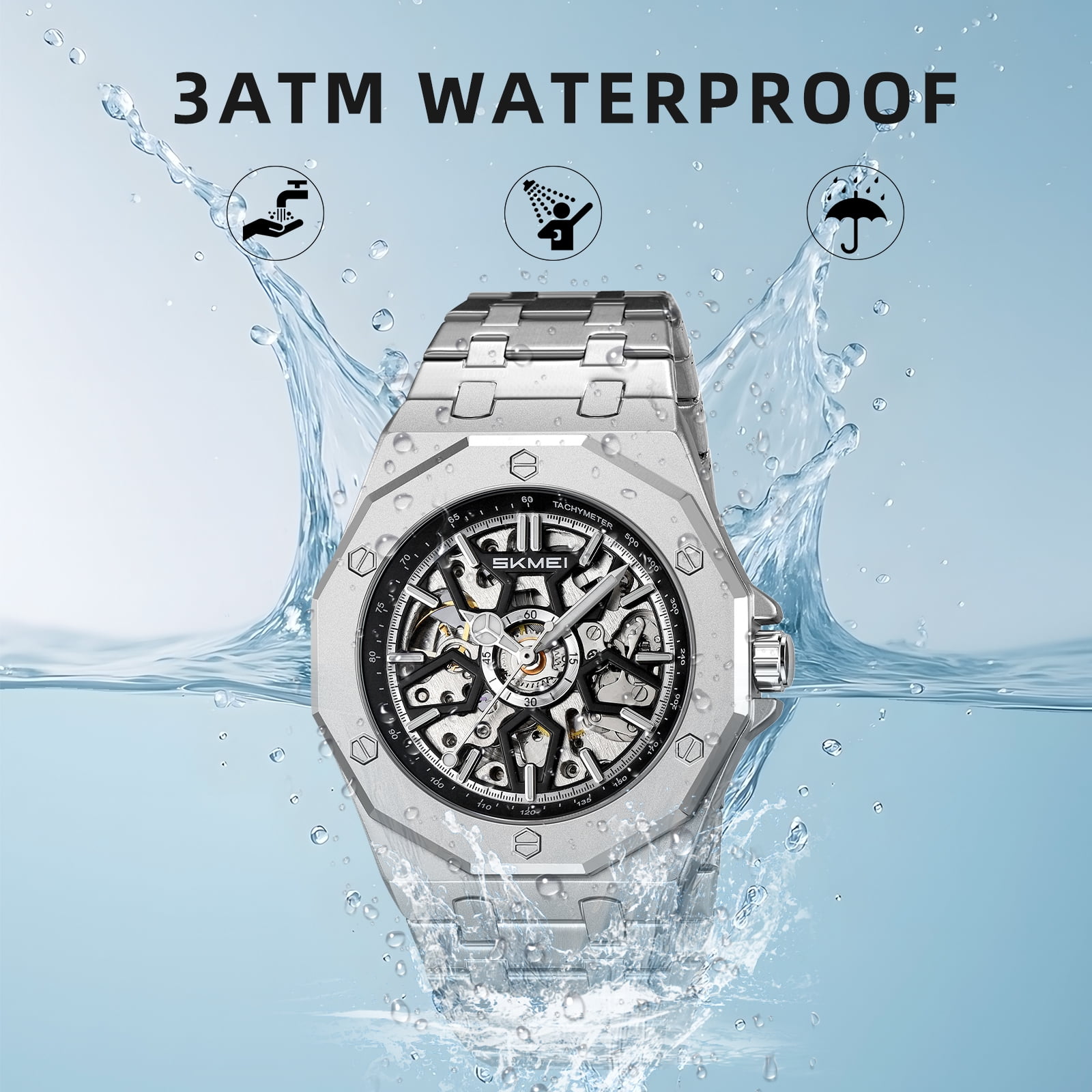 SKMEI Mens Luxury Skeleton Automatic Mechanical Wrist Watches Business Leisure Waterproof Luminous Pointer Self-Winding Wrist Watch - Image 4