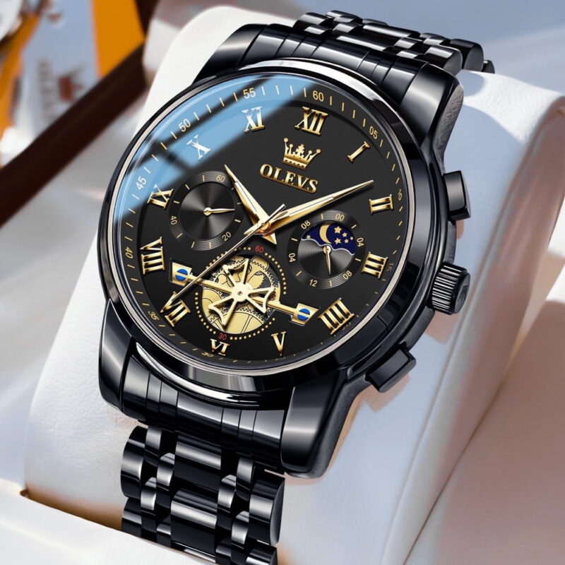 OLEVS Mens Watches Chronograph Business Dress Quartz Stainless Steel Waterproof Luminous Date Wrist Watch For Men Black Dial