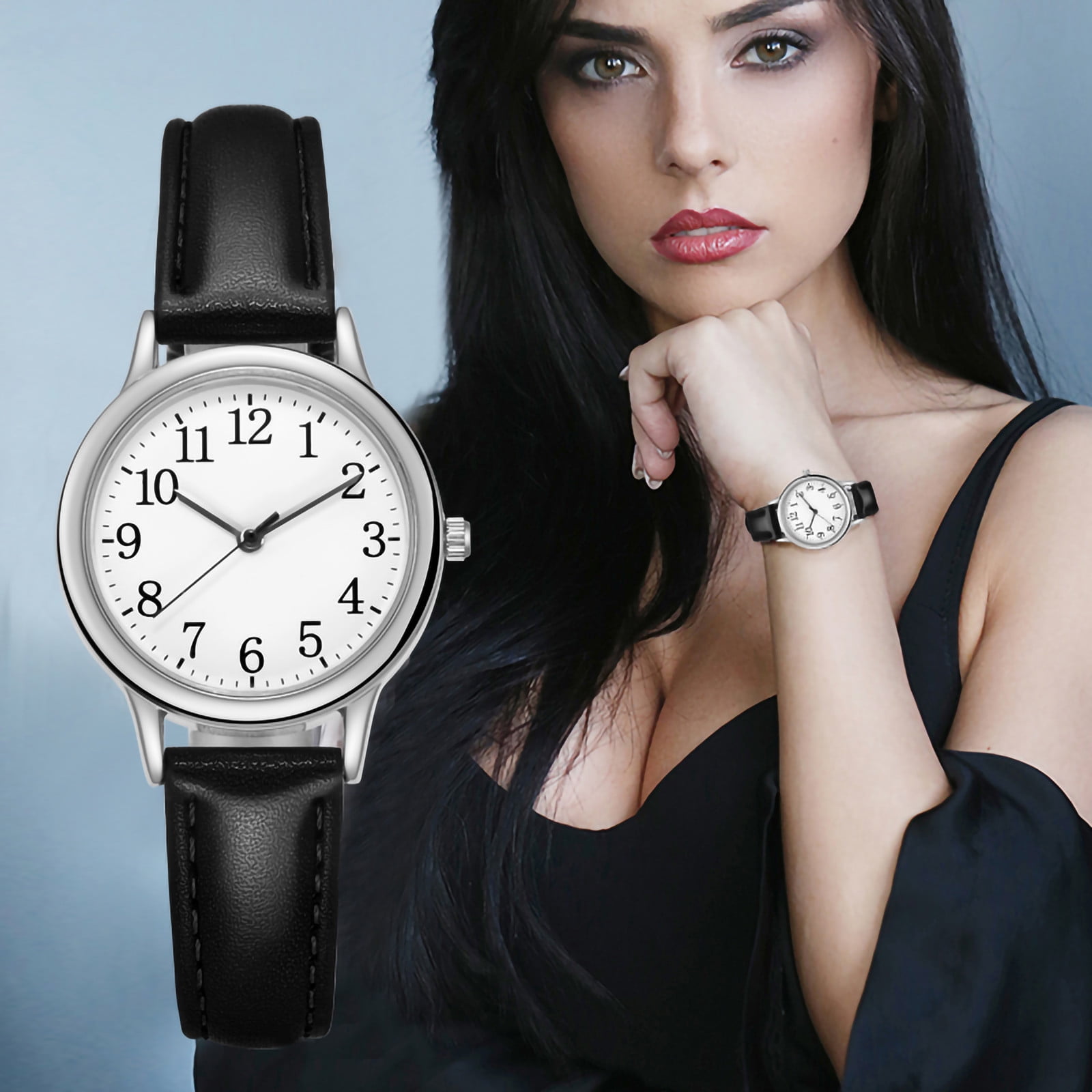 Transer Women's Classic Fashion Leather Strap Wristwatch, Black & Gold - Image 2