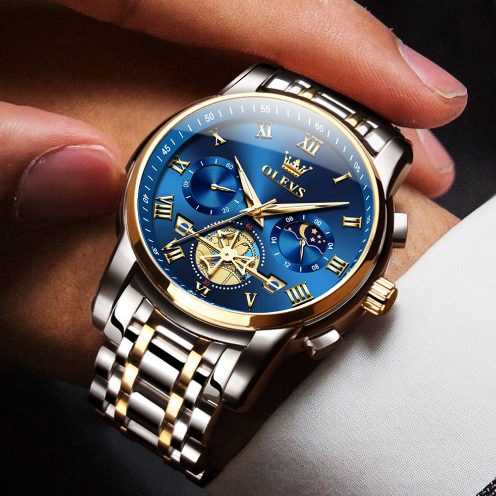 OLEVS Mens Watches Chronograph Business Dress Quartz Stainless Steel Waterproof Luminous Date Wrist Watch For Men Blue Dial - Image 3