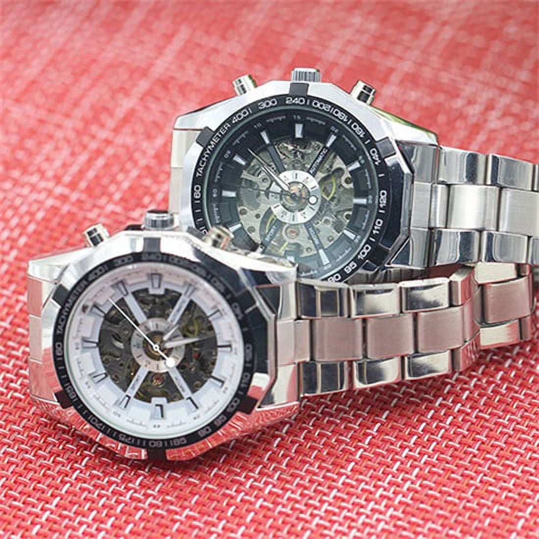 UDIYO Men Hand-Winding Skeleton Automatic Mechanical Stainless Steel Sport Wrist Watch - Image 4