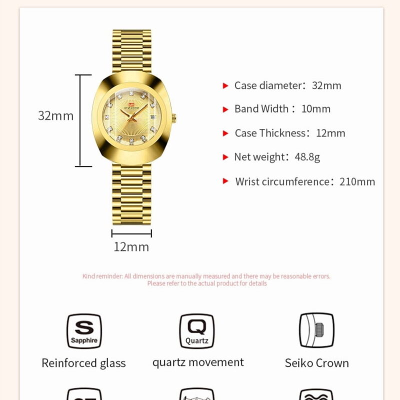 Unisex Stylish Casual Stainless Steel Wristwatch, Golden