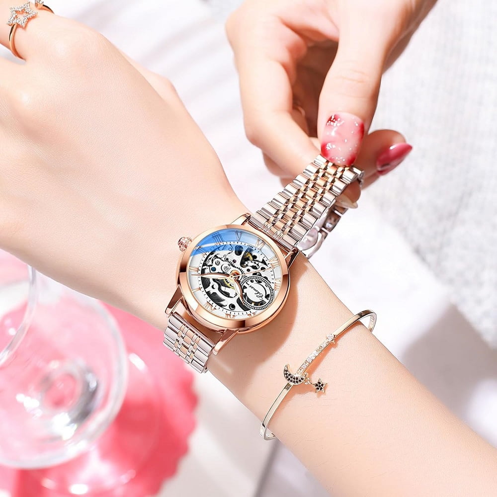 Women's Sapphire Watches Automatic Mechanical Gold Bracelet Ladies Skeleton Wrist Watch - Image 6