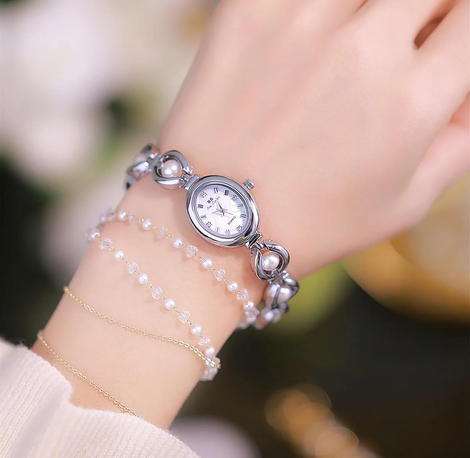 Fashion Women's Dress Watch Elegant Pearl Oval dial Ladies Bracelet Waterproof Analog Casual Watch - Image 3