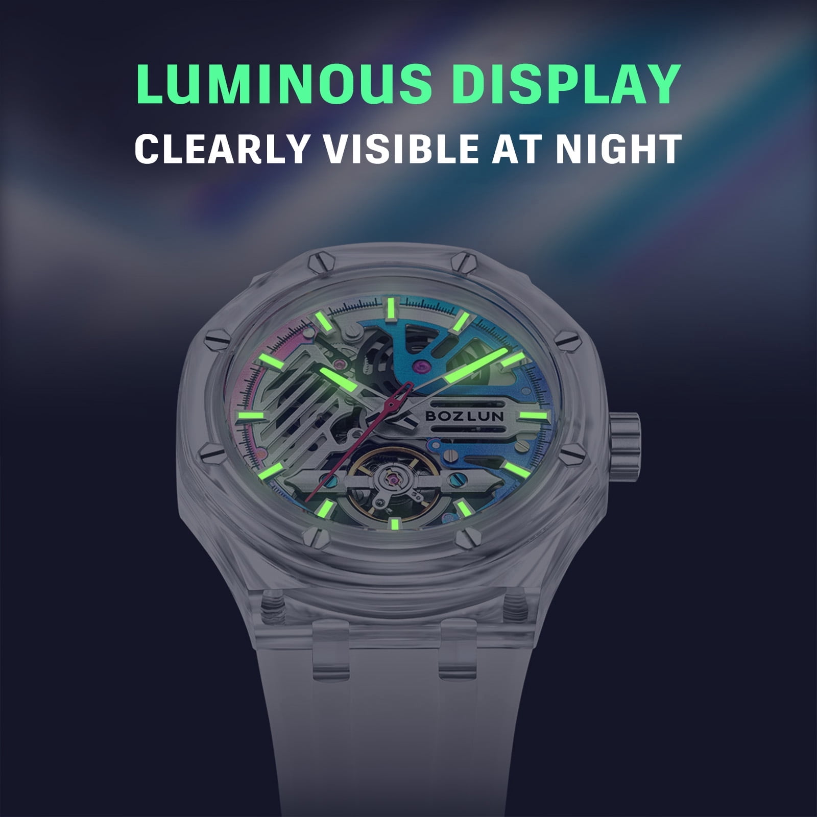 BOZLUN Mens Watch Skeleton Luxury Mechanical Luminous Waterproof Self-Winding Wrist Watch - Image 3
