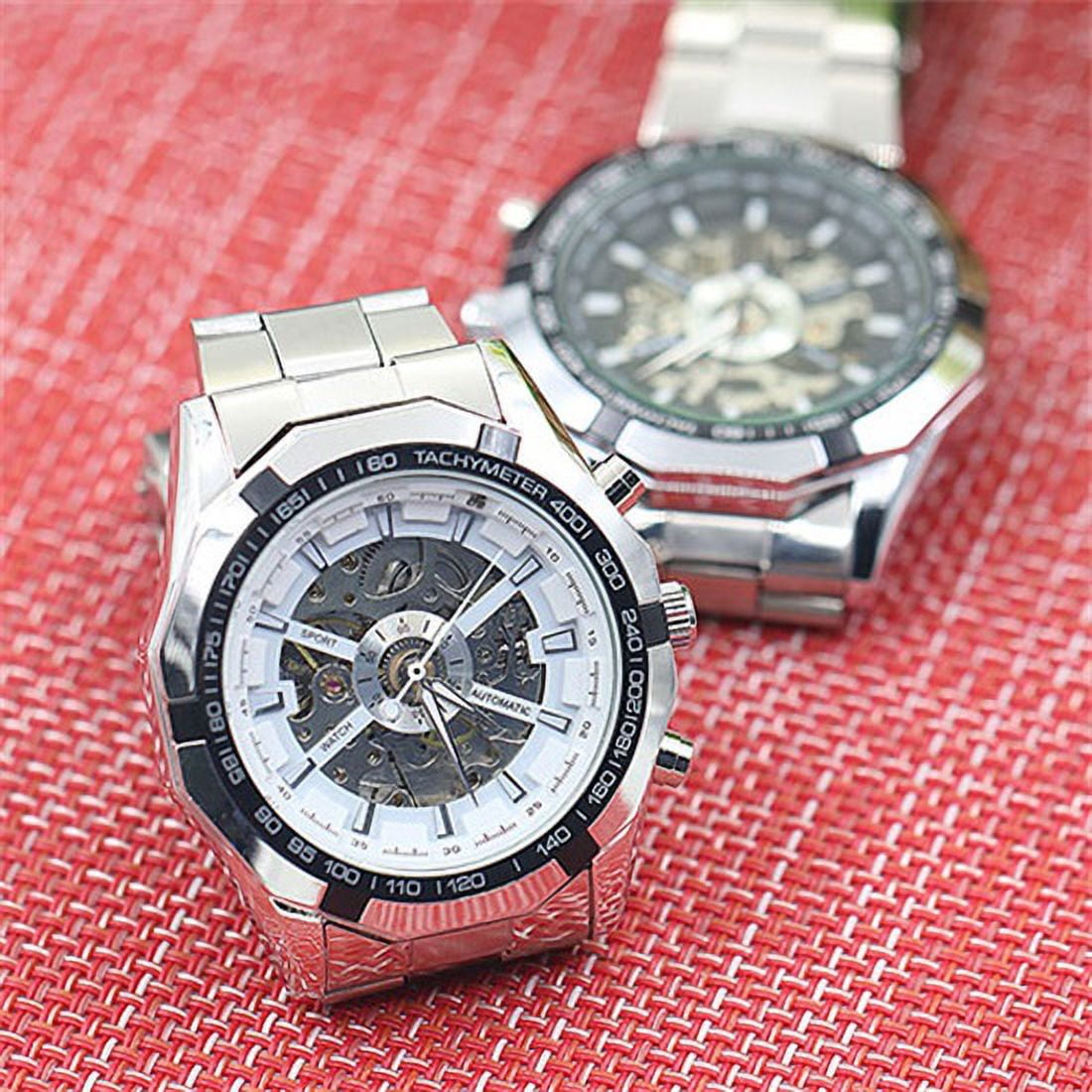 UDIYO Men Hand-Winding Skeleton Automatic Mechanical Stainless Steel Sport Wrist Watch - Image 5