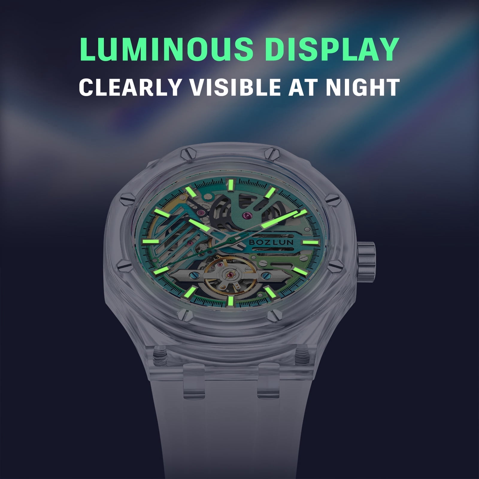 BOZLUN Mens Watch Skeleton Luxury Mechanical Luminous Waterproof Self-Winding Wrist Watch - Image 3