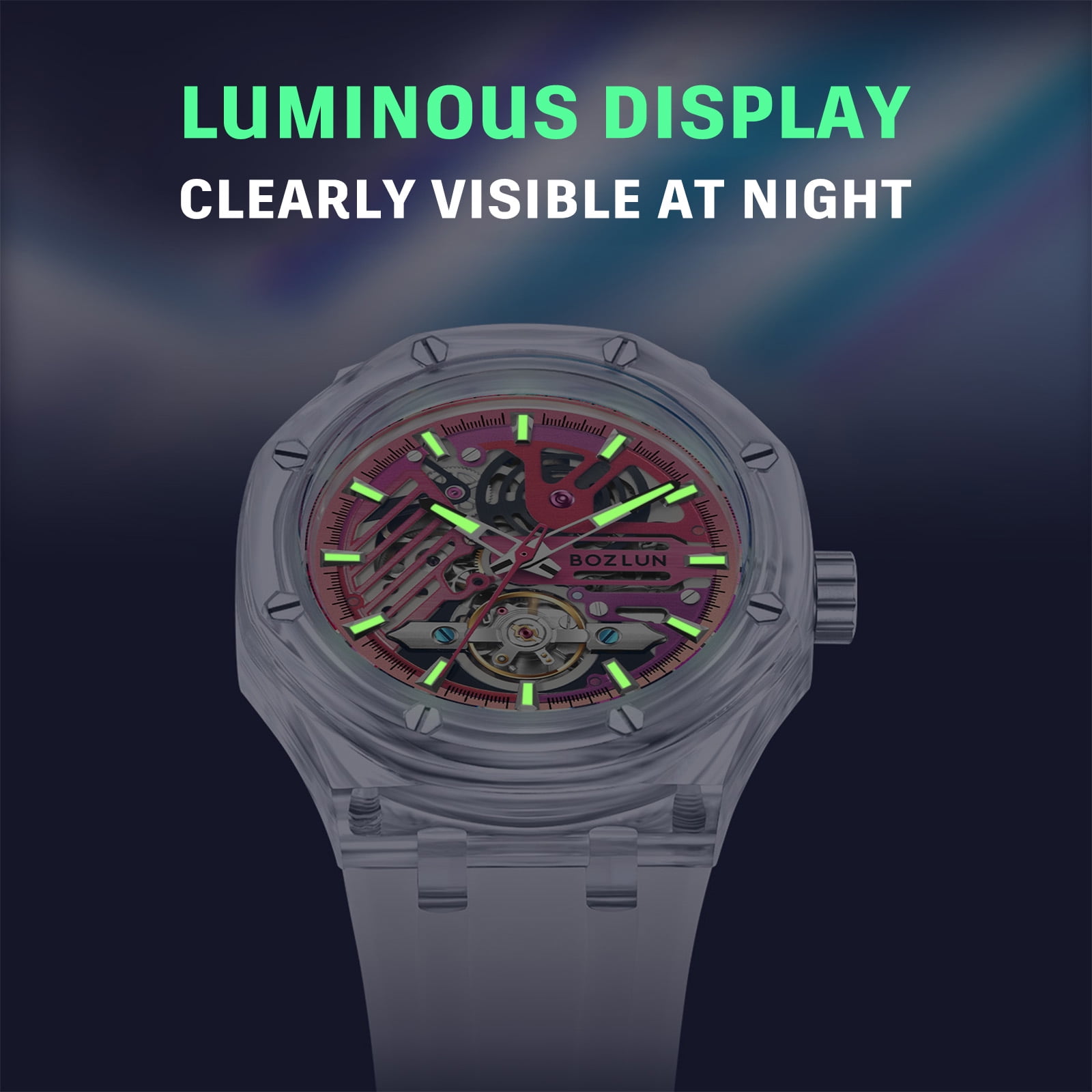 BOZLUN Mens Watch Skeleton Luxury Mechanical Luminous Waterproof Self-Winding Wrist Watch - Image 3