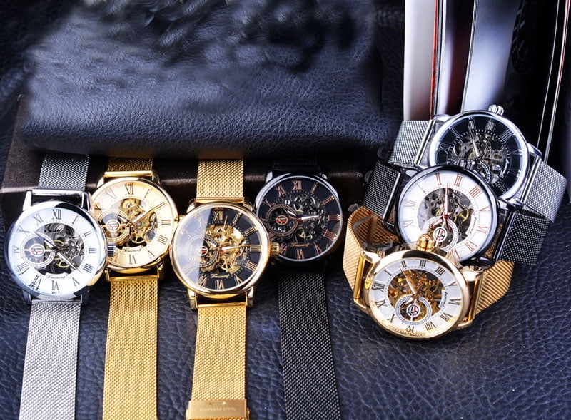 VIGOROSO Mens Mechanical Watches Skeleton Wind Up Classic Business Sports Watch Mesh Stainless Steel Male Wristwatch - Image 3