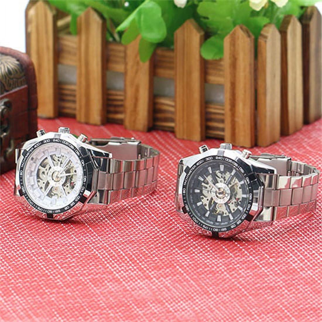 UDIYO Men Hand-Winding Skeleton Automatic Mechanical Stainless Steel Sport Wrist Watch - Image 3