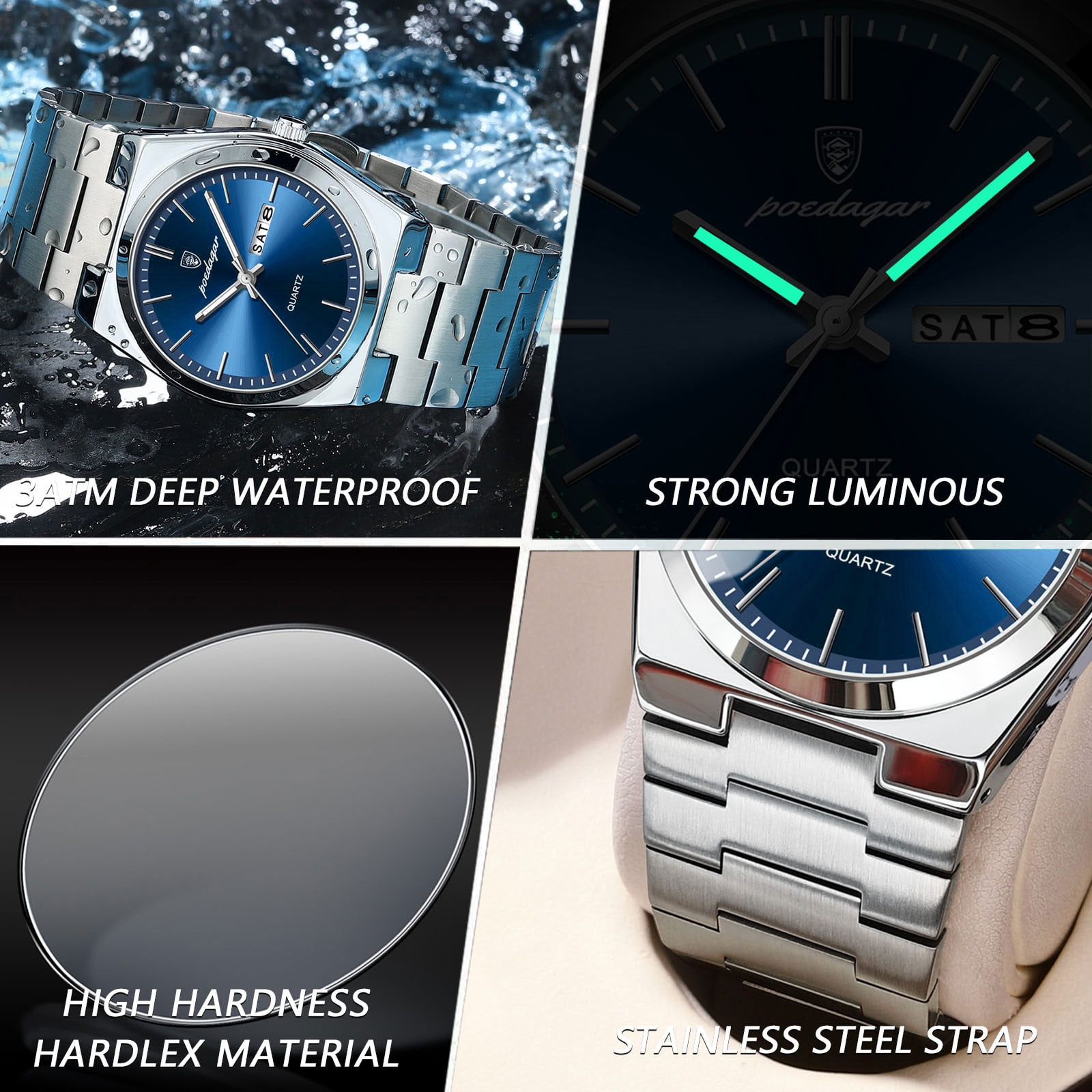 POEDAGAR Men Gold Quartz Stainless Steel Fashion Watch Analog Waterproof Luminous Date Wristwatch - Image 3