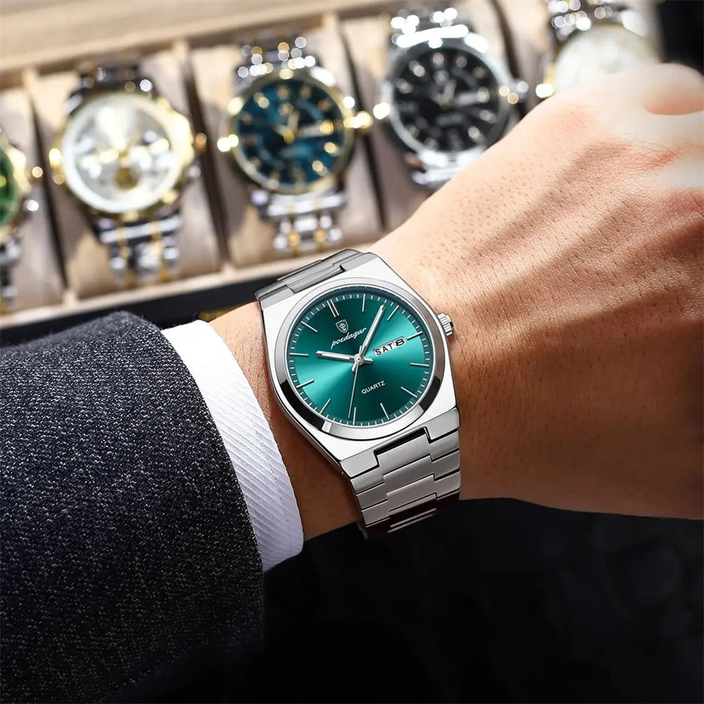 POEDAGAR Men Green Quartz Stainless Steel Fashion Watch Analog Waterproof Luminous Date Wristwatch - Image 6