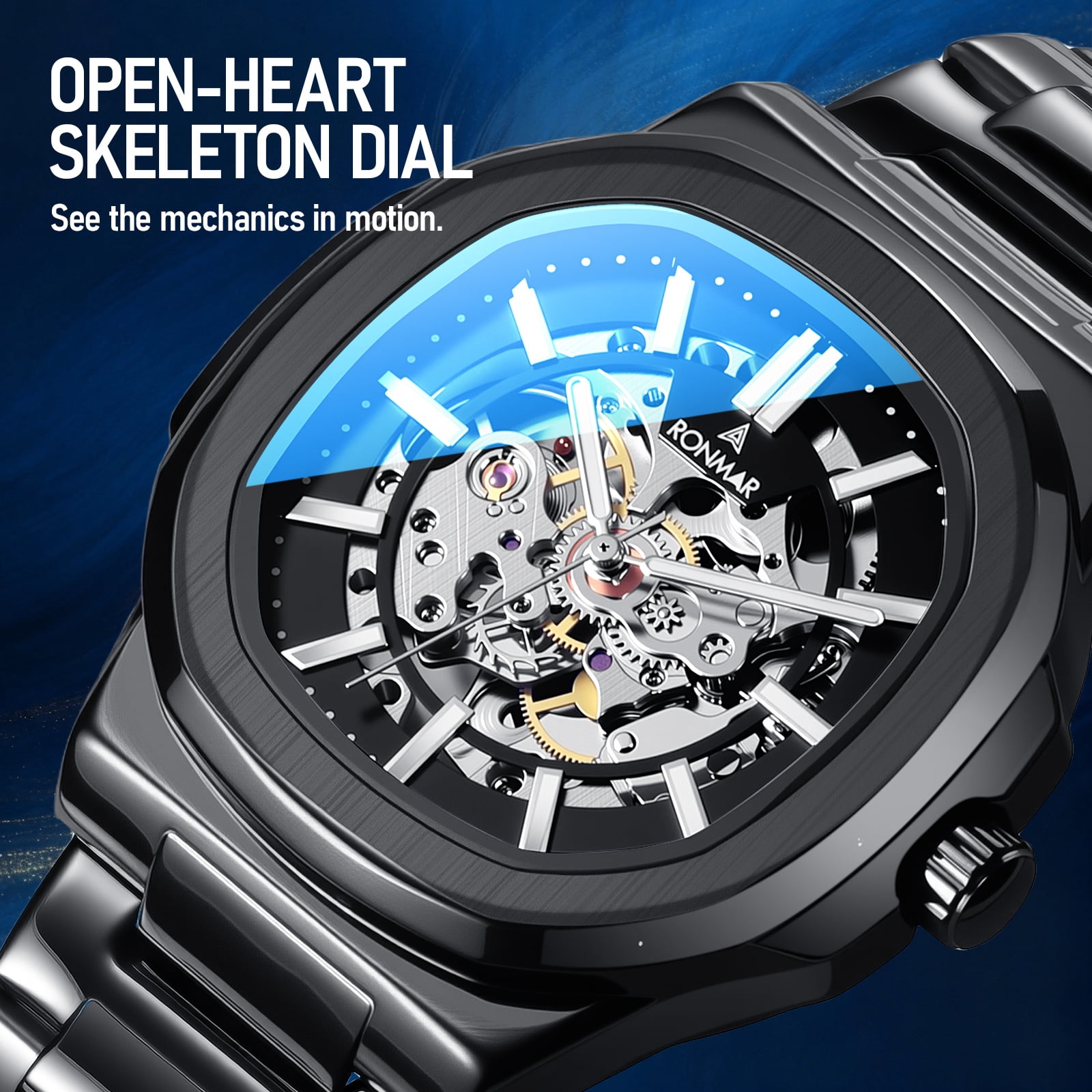 SKMEI Men's Mechanical Skeleton Watch Luxury Big Face Watches for Men with Luminous Stainless Steel Strap - Image 2