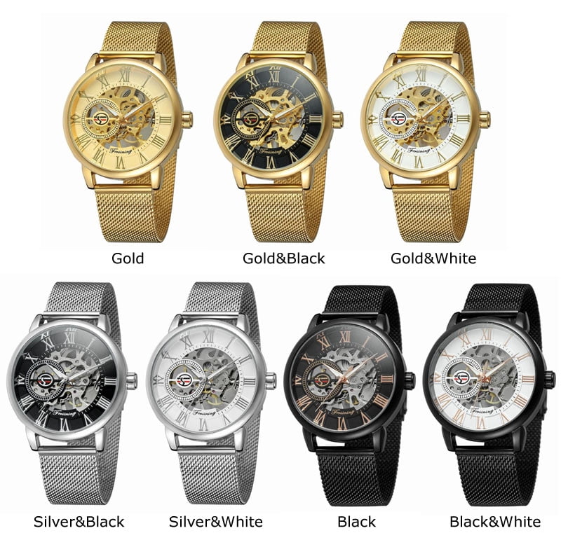 VIGOROSO Men's Mechanical Watch Handwind Mesh Stainless Steel Band Luxury Sports Watches
