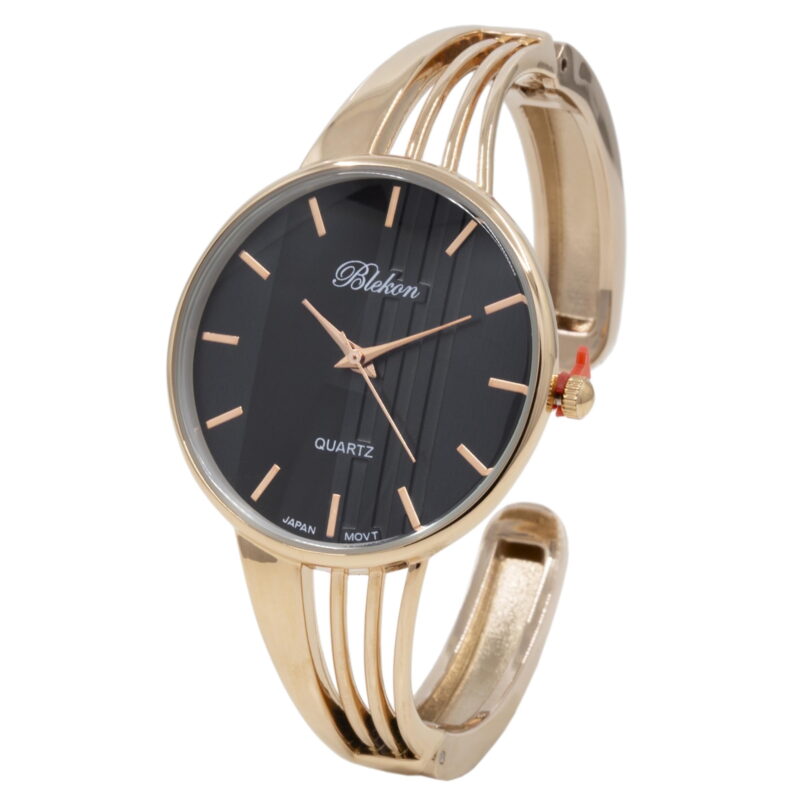 Blekon Collections Quartz Women's 34mm Case Elegant Cuff Bangle Watch (Black/Rose Gold)