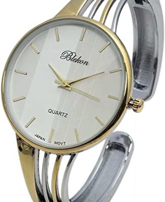 Blekon Collections Quartz Women’s 34mm Case Elegant Cuff Bangle Watch (White/Rose-Gold)