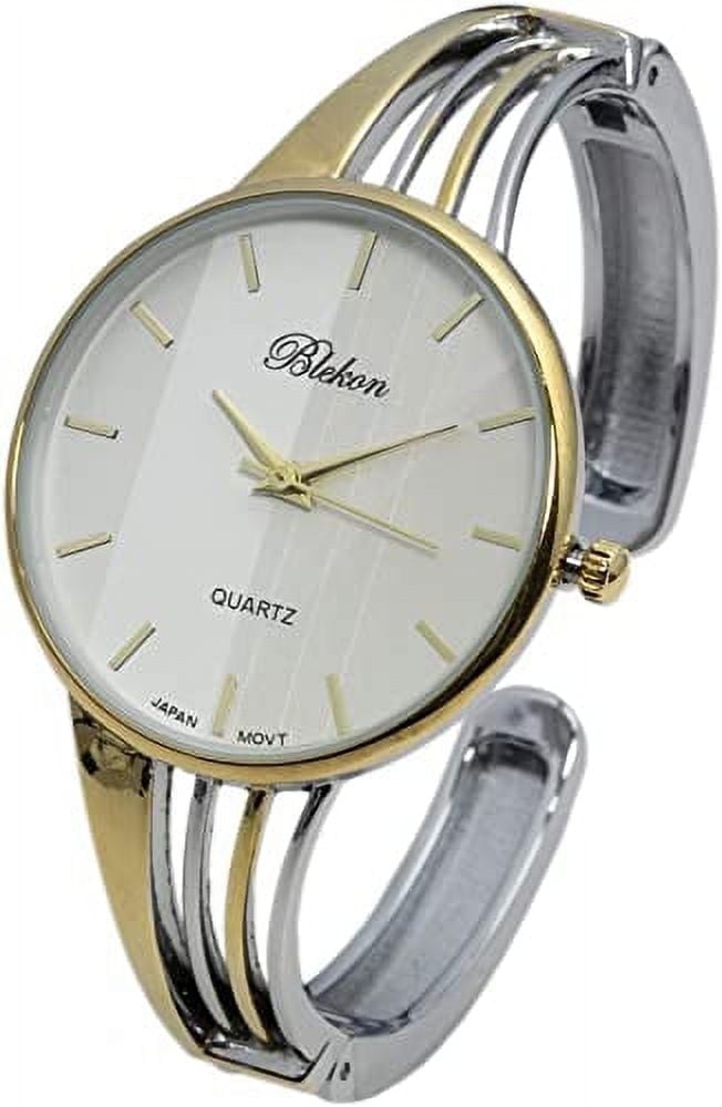 Blekon Collections Quartz Women's 34mm Case Elegant Cuff Bangle Watch (White/Rose-Gold)