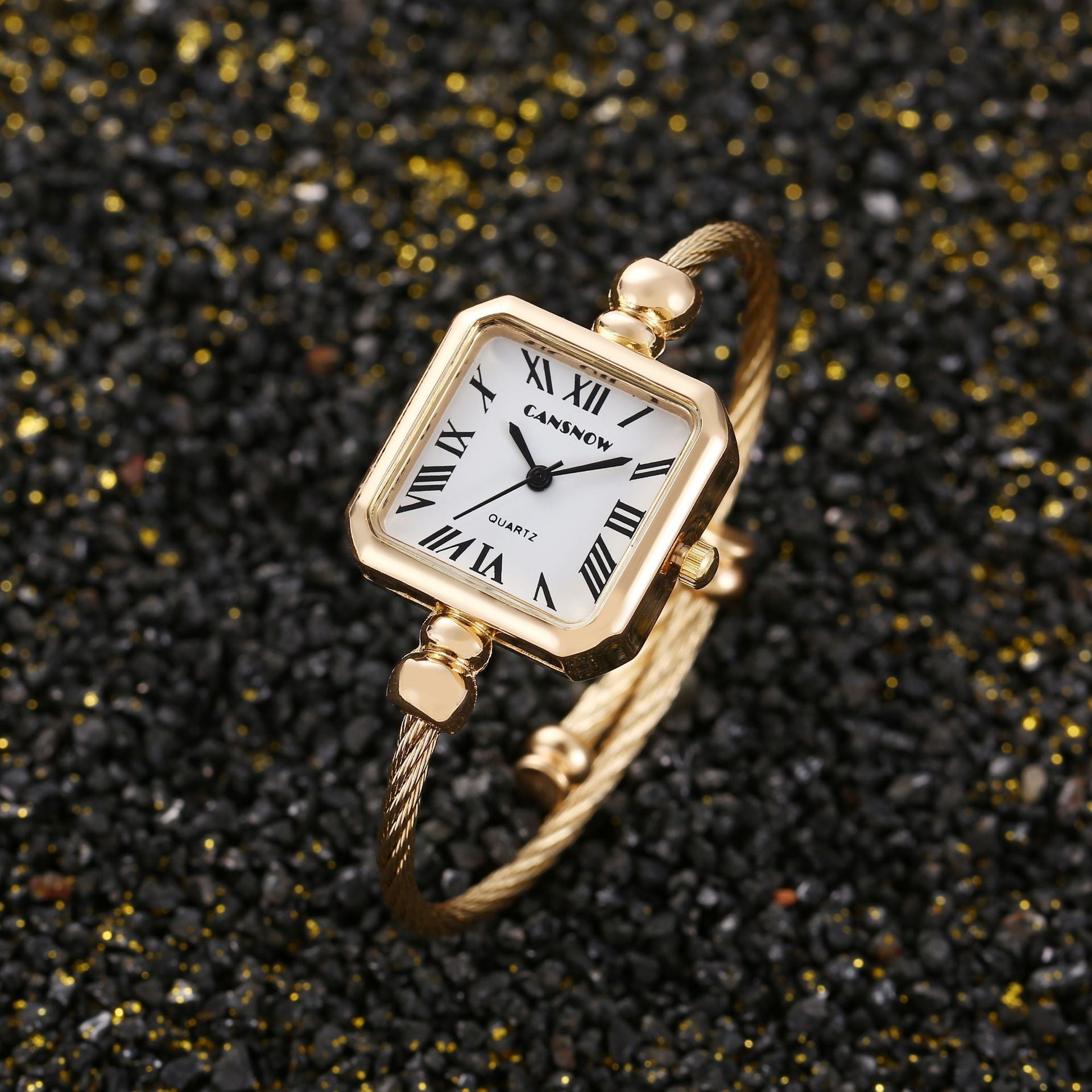 Classic Golden Cable Bangle Watch – Women’s Square White Roman Dial Quartz – Elegant Daily Jewelry Timepiece