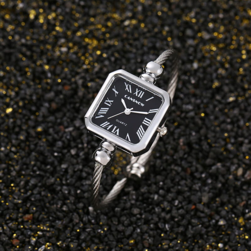 Elegant Square Bangle Watch for Women – Silver Cable Band with Black Roman Dial – Fashion Quartz Bracelet Timepiece