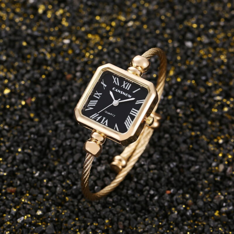Luxury Golden Bangle Bracelet Watch for Women – Square Case with Black Roman Dial – Vintage-Inspired Fashion Timepiece