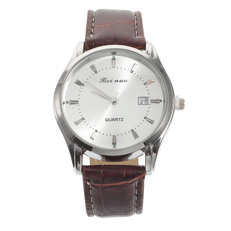 Men Automatic Mechanical Wrist Watch with PU Band (White+Silver+Brown)
