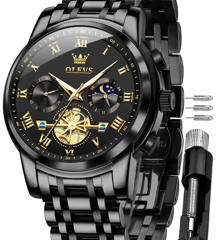 OLEVS Mens Watches Chronograph Business Dress Quartz Stainless Steel Waterproof Luminous Date Wrist Watch For Men Black Dial