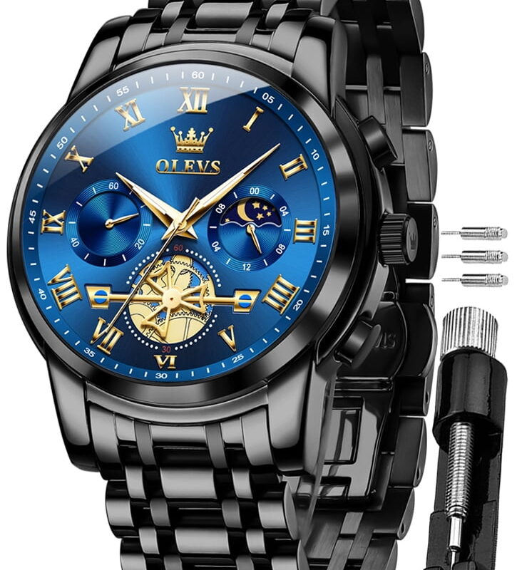 OLEVS Mens Watches Chronograph Business Dress Quartz Stainless Steel Waterproof Luminous Date Wrist Watch For Men Blue Dial
