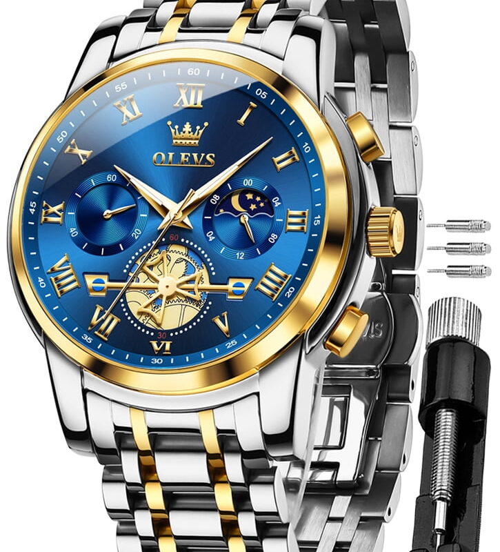 OLEVS Mens Watches Chronograph Business Dress Quartz Stainless Steel Waterproof Luminous Date Wrist Watch For Men Blue Dial