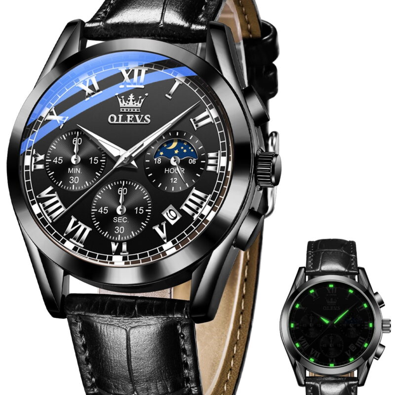 OLEVS Mens Watches Luxury Chronograph Moon Phase Waterproof Luminous Black Leather Strap Date Classic Watch for Men
