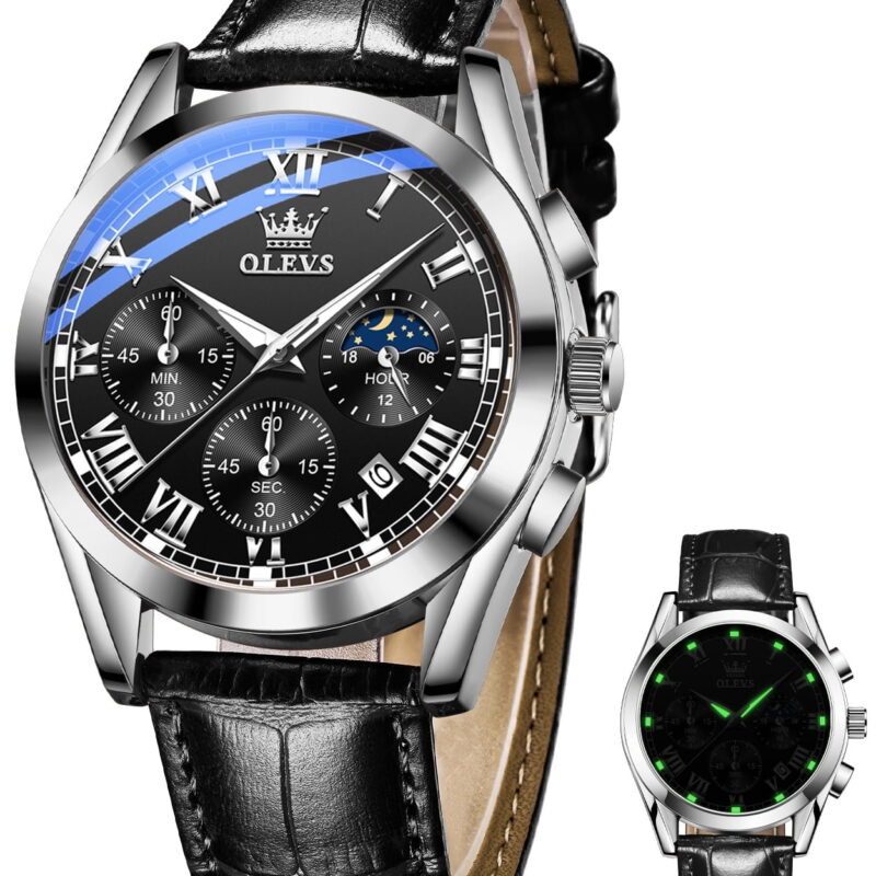 OLEVS Mens Watches Luxury Chronograph Moon Phase Waterproof Luminous Black Leather Strap Date Silver Classic Watch for Men