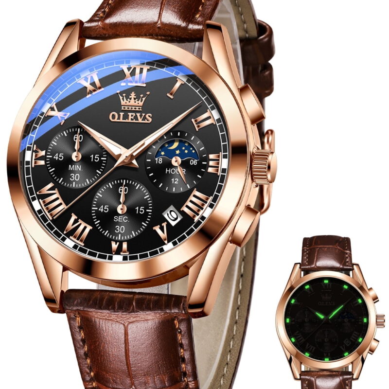 OLEVS Mens Watches Luxury Chronograph Moon Phase Waterproof Luminous Brown Leather Strap Date Rose Gold Classic Watch for Men