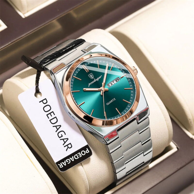 POEDAGAR Men Gold Green Quartz Stainless Steel Fashion Watch Analog Waterproof Luminous Date Wristwatch