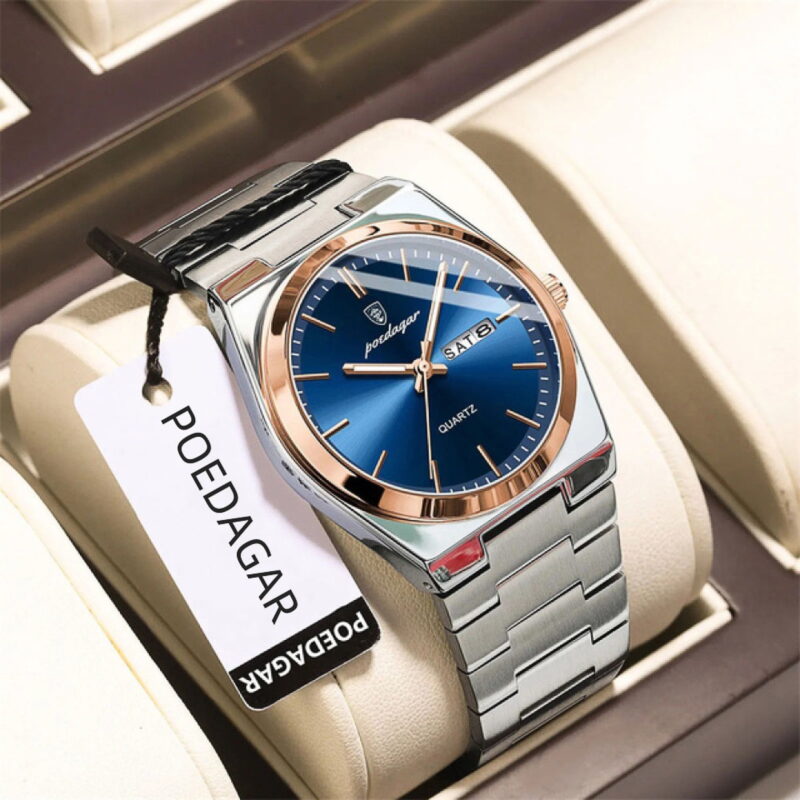 POEDAGAR Men Gold Quartz Stainless Steel Fashion Watch Analog Waterproof Luminous Date Wristwatch