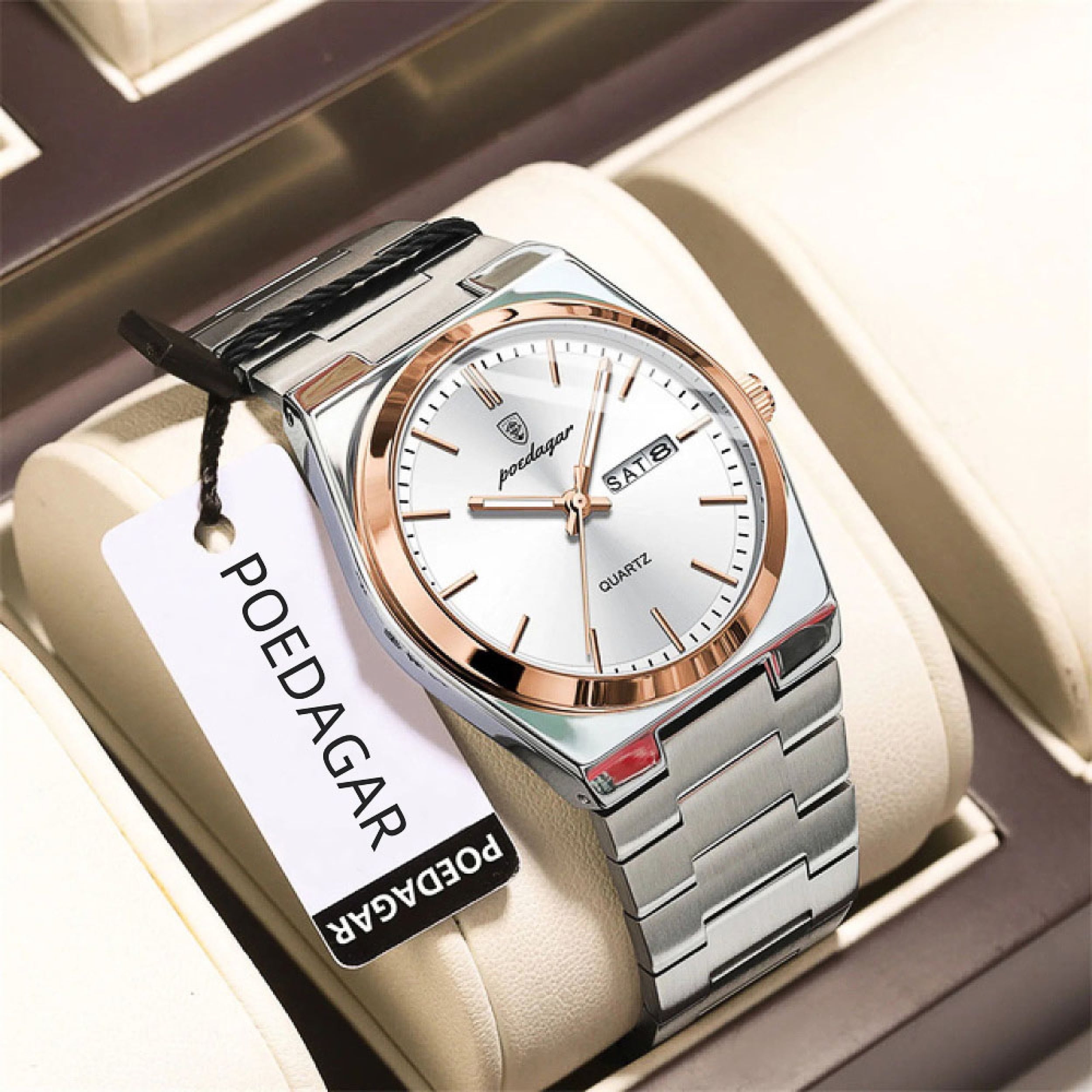 POEDAGAR Men Gold White Quartz Stainless Steel Fashion Watch Analog Waterproof Luminous Date Wristwatch