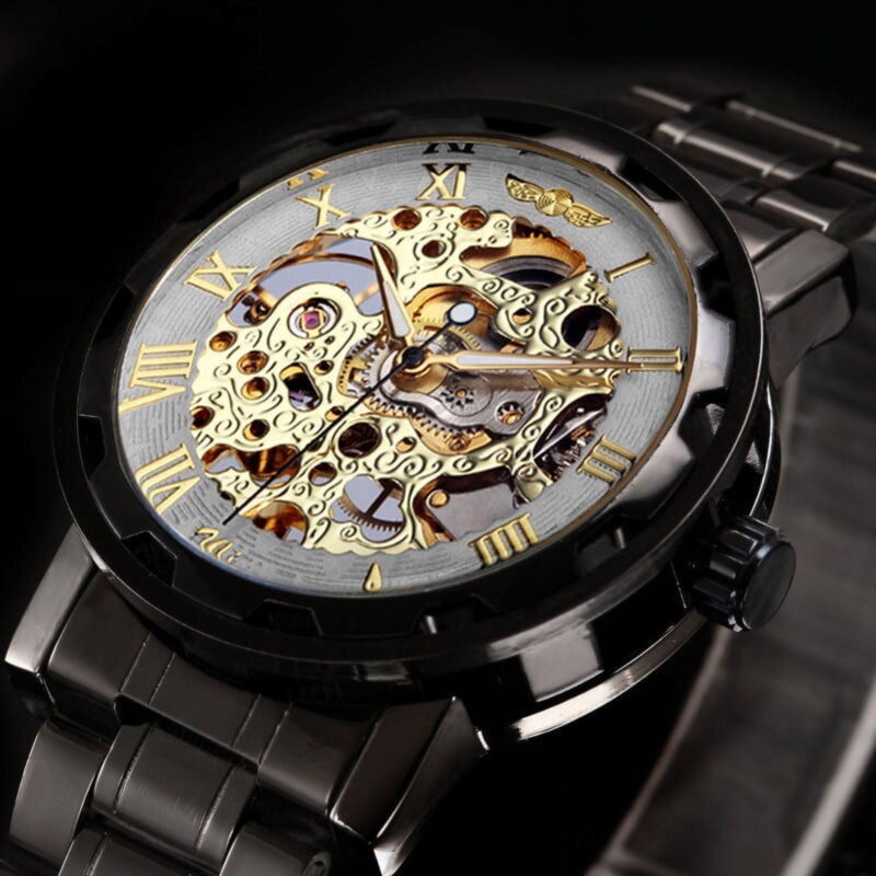 VIGOROSO Mechanical Watches Mens Transparent Skeleton Hand Wind Up Watch Classical Sports Watch Black Stainless Steel Wristwatch
