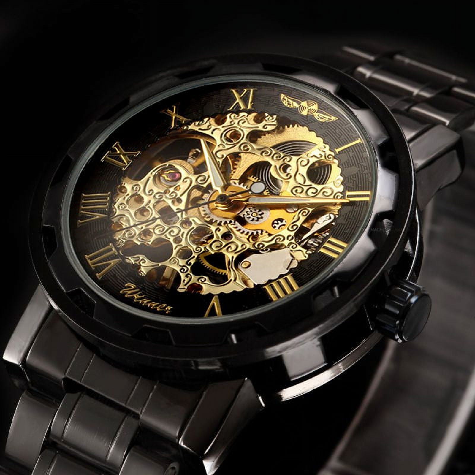VIGOROSO Mechanical Watches Mens Transparent Skeleton Hand Wind Up Watch Classical Sports Watch Black Stainless Steel Wristwatch