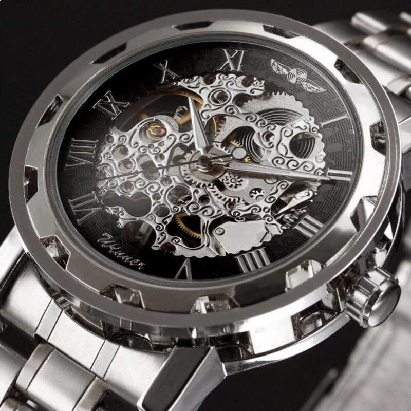 VIGOROSO Mechanical Watches Mens Transparent Skeleton Hand Wind Up Watch Classical Sports Watch Silver Stainless Steel Wristwatch