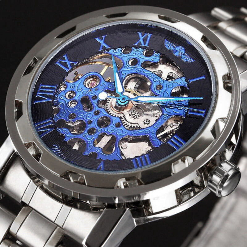 VIGOROSO Mechanical Watches Mens Transparent Skeleton Hand Wind Up Watch Classical Sports Watch Silver Stainless Steel Wristwatch