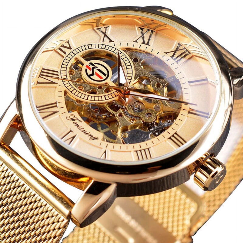VIGOROSO Men Skeleton Mechanical Wrist Watch Stainless Steel Luxury Casual Wristwatch