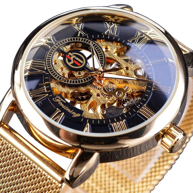 VIGOROSO Mens Mechanical Watches Skeleton Wind Up Classic Business Sports Watch Mesh Stainless Steel Male Wristwatch