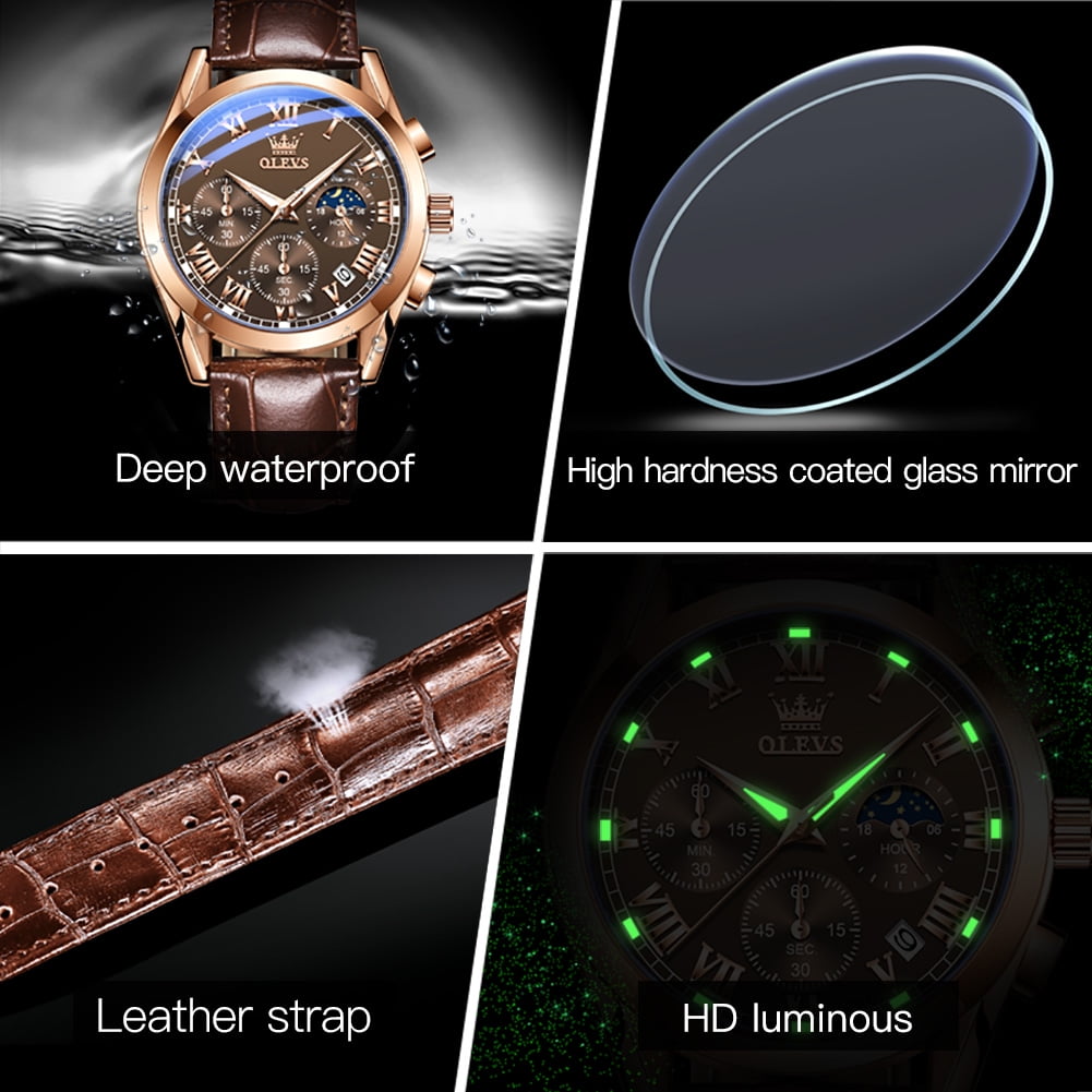OLEVS Mens Watches Luxury Chronograph Moon Phase Waterproof Luminous Brown Leather Strap Date Rose Gold Classic Watch for Men - Image 6