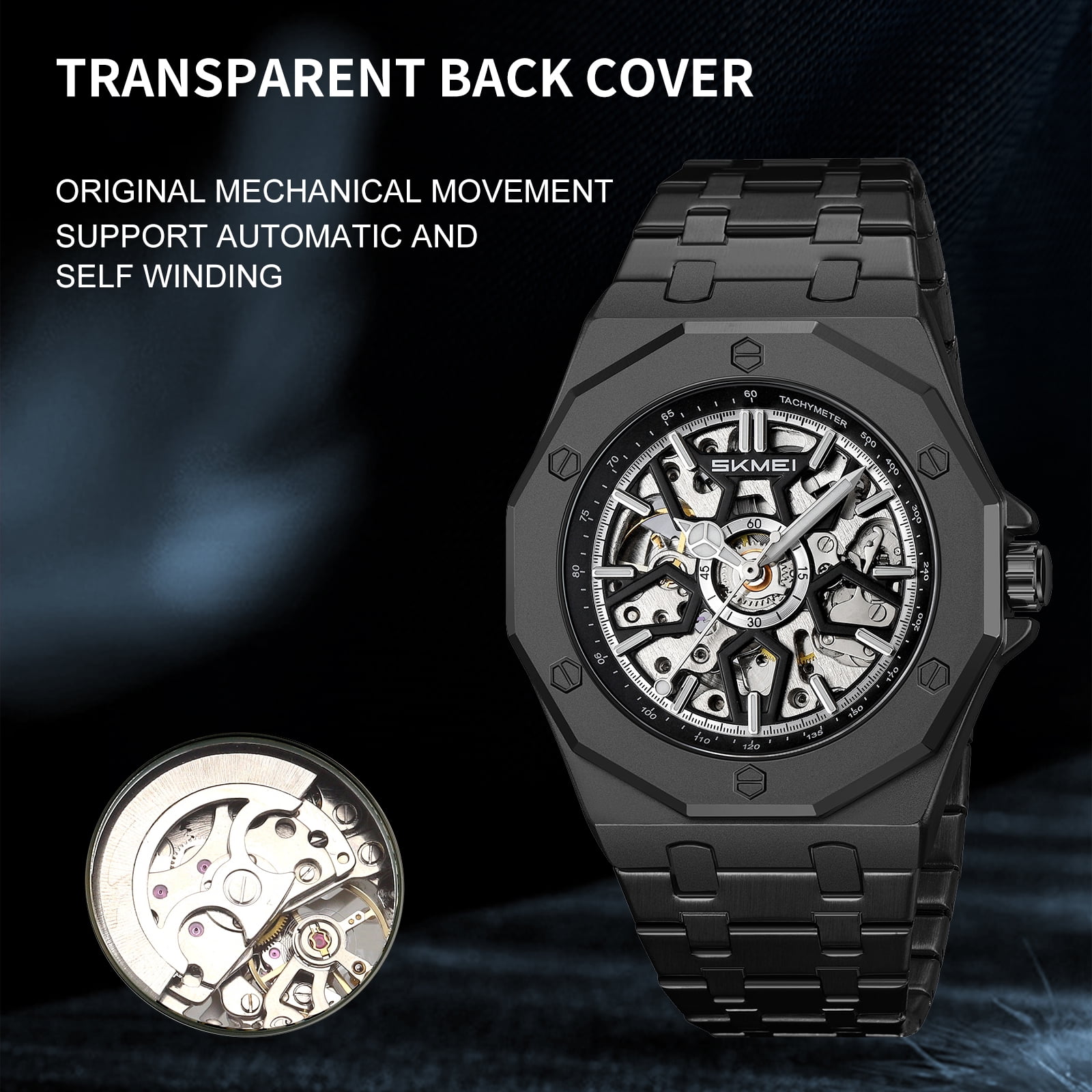 SKMEI Mens Luxury Skeleton Automatic Mechanical Wrist Watches Business Leisure Waterproof Luminous Pointer Self-Winding Wrist Watch - Image 6